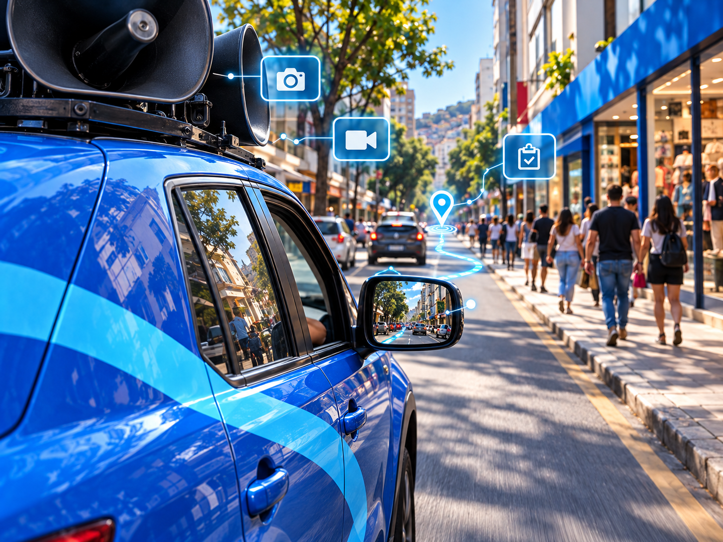 Carro de som conectado circulando em rua comercial brasileira